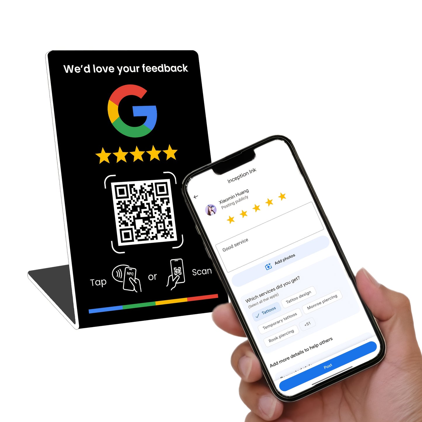 NFC Tap & QR Code, Easy Setup with Review Link Management, Durable PVC, Perfect for Google Reviews and Social Media Integration, Social Media Stand
